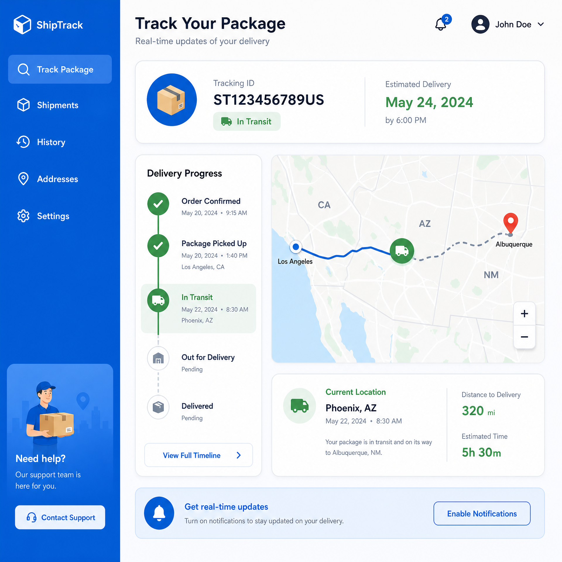 Interface de rastreamento em tempo real